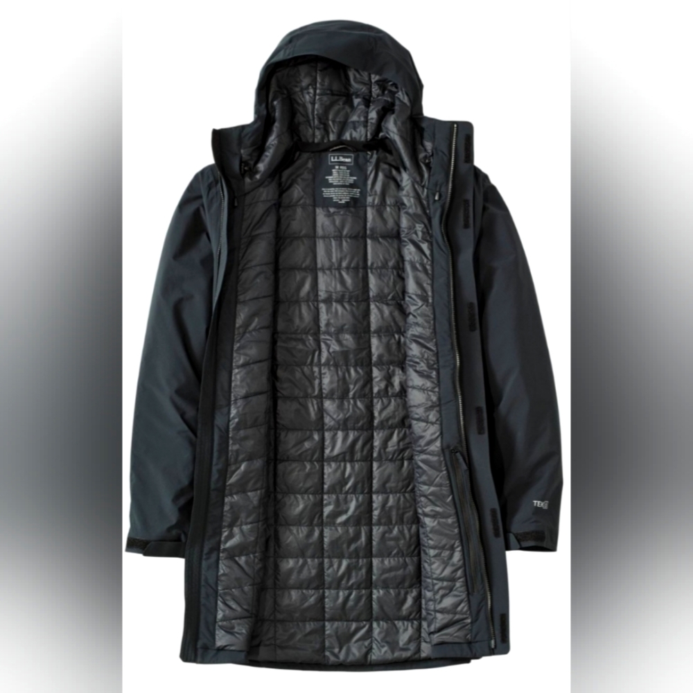 LLBean Waterproof Primaloft Packaway 3/4 Coat, M, Black